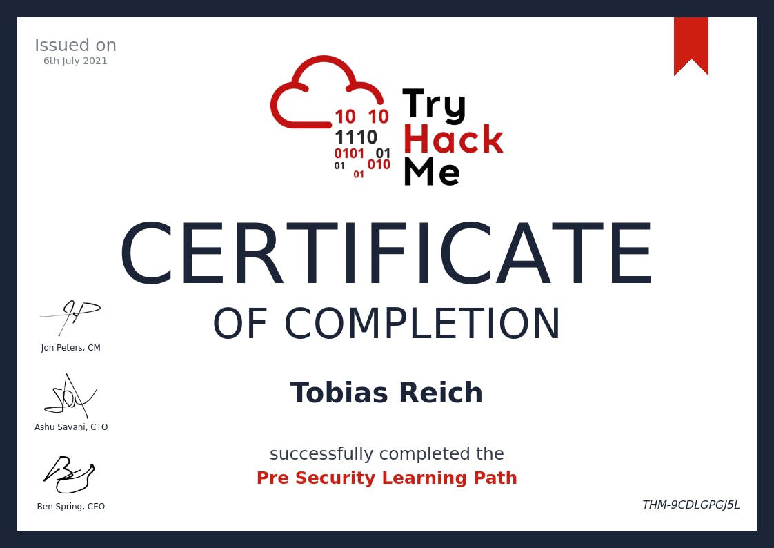 TryHackMe Pre Security Learning Path Certificate