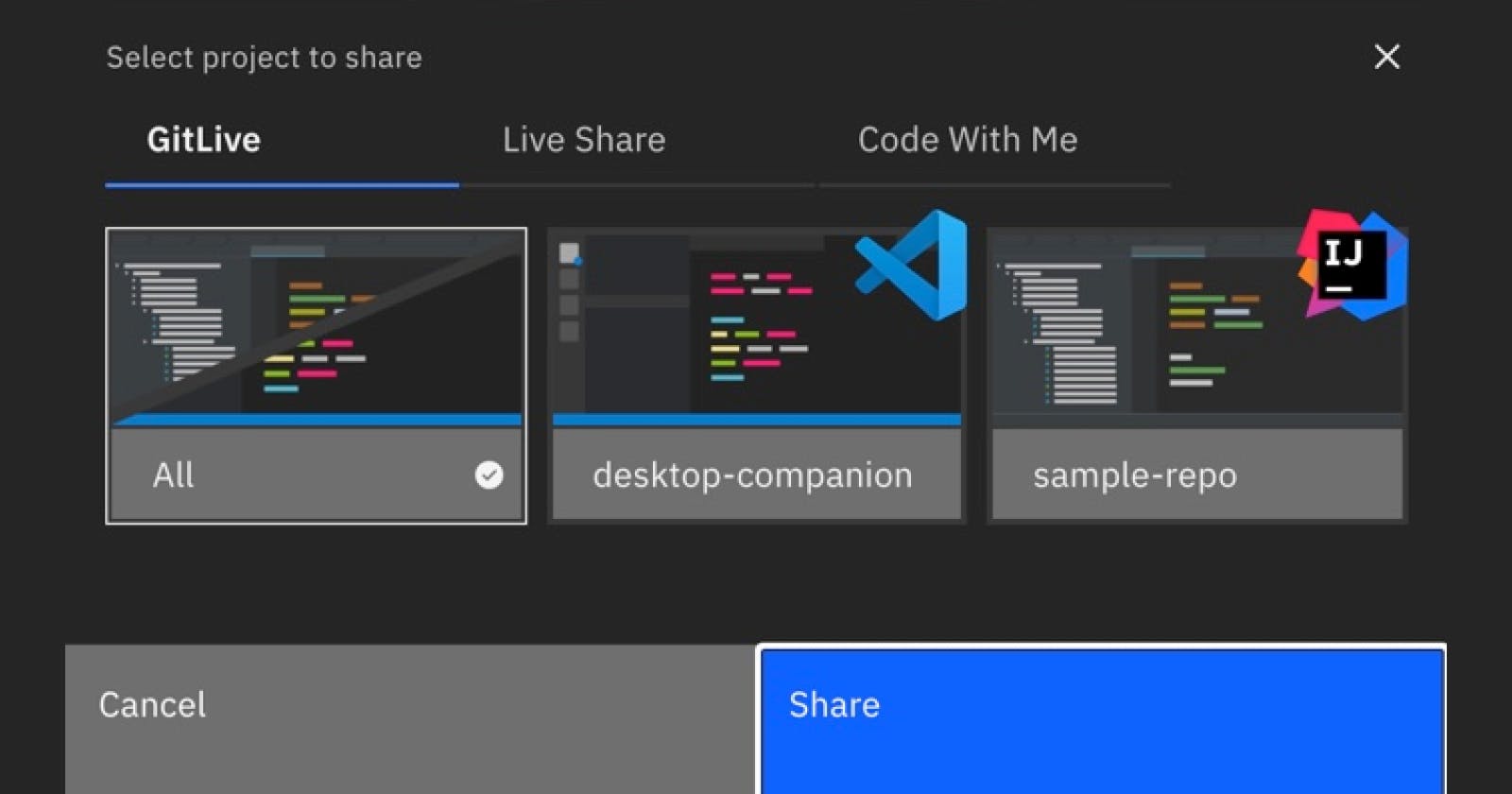 GitLive 13.0: Codeshare now supports sharing via Live Share and Code With Me