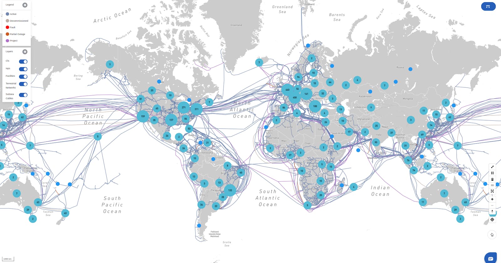 Mapa dos cabos submarinos (e terrestres) de internet