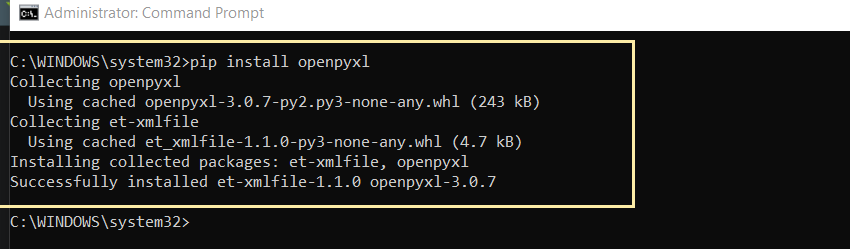 Command prompt image showing installed openpyxl library