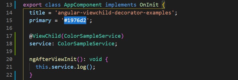 Passando o ColorSampleService como seletor para o @ViewChild e Invocando o método log