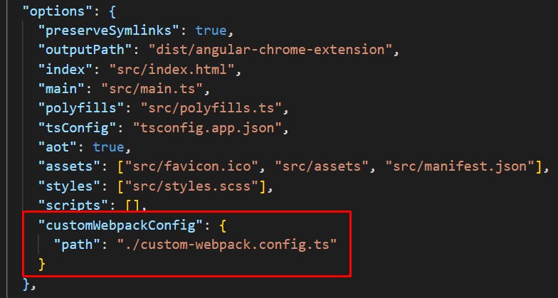 Inclusão da proprieda customWebpackConfig no angular.json