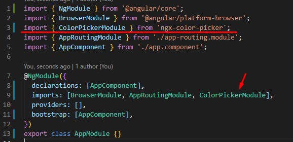 Adição do ColorPickerModule ao app.module.ts