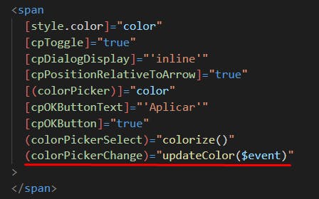 Realização do bind da propriedade colorPickerChange ao método updateColor no app.component.html