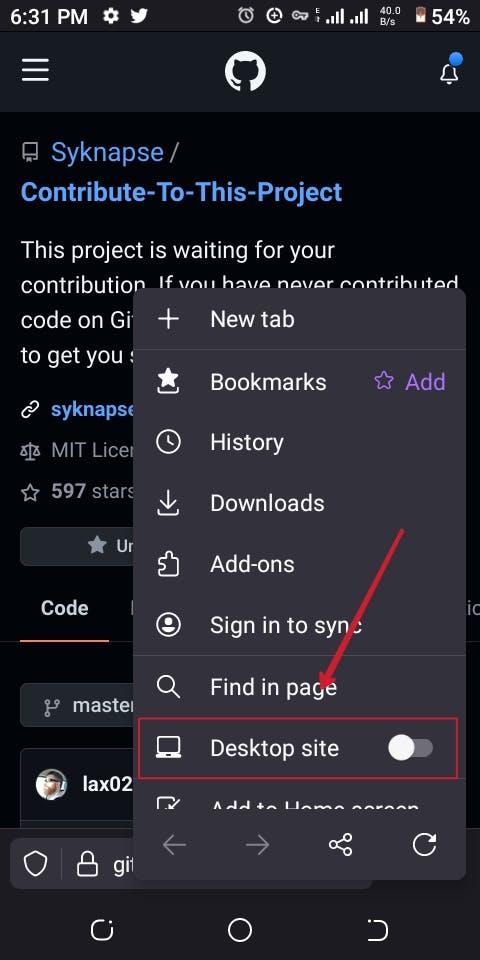screenshot showing the mobile browser displaying the menu dropdown and desktop site button in off mode