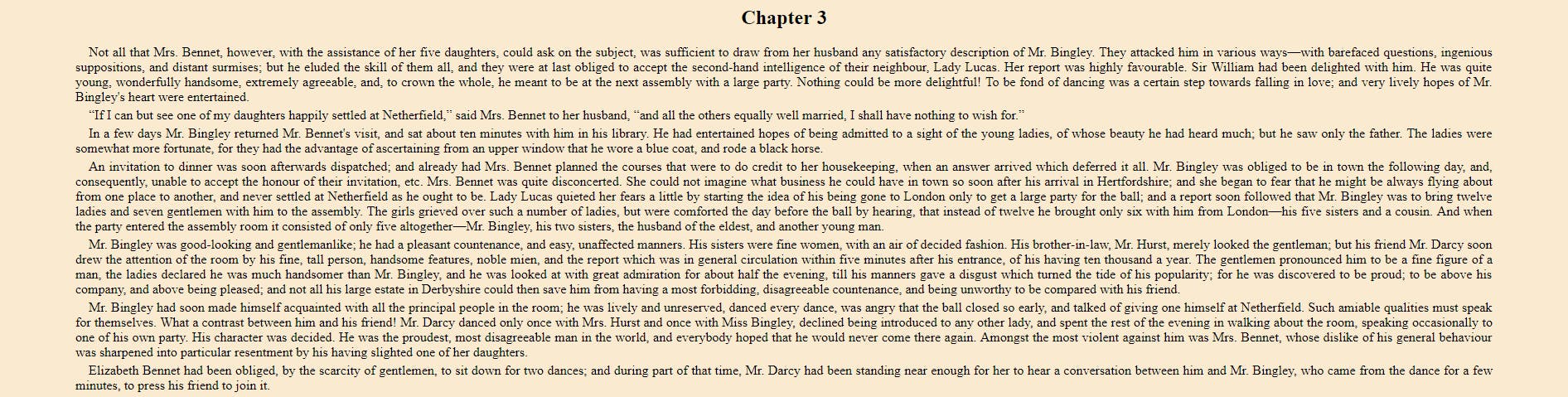 The beginning of Chapter 3 in Jane Austen’s *Pride and Prejudice*