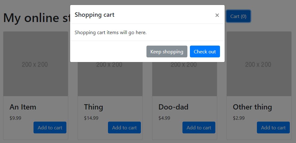 The modal appears when the “Cart” button is clicked.