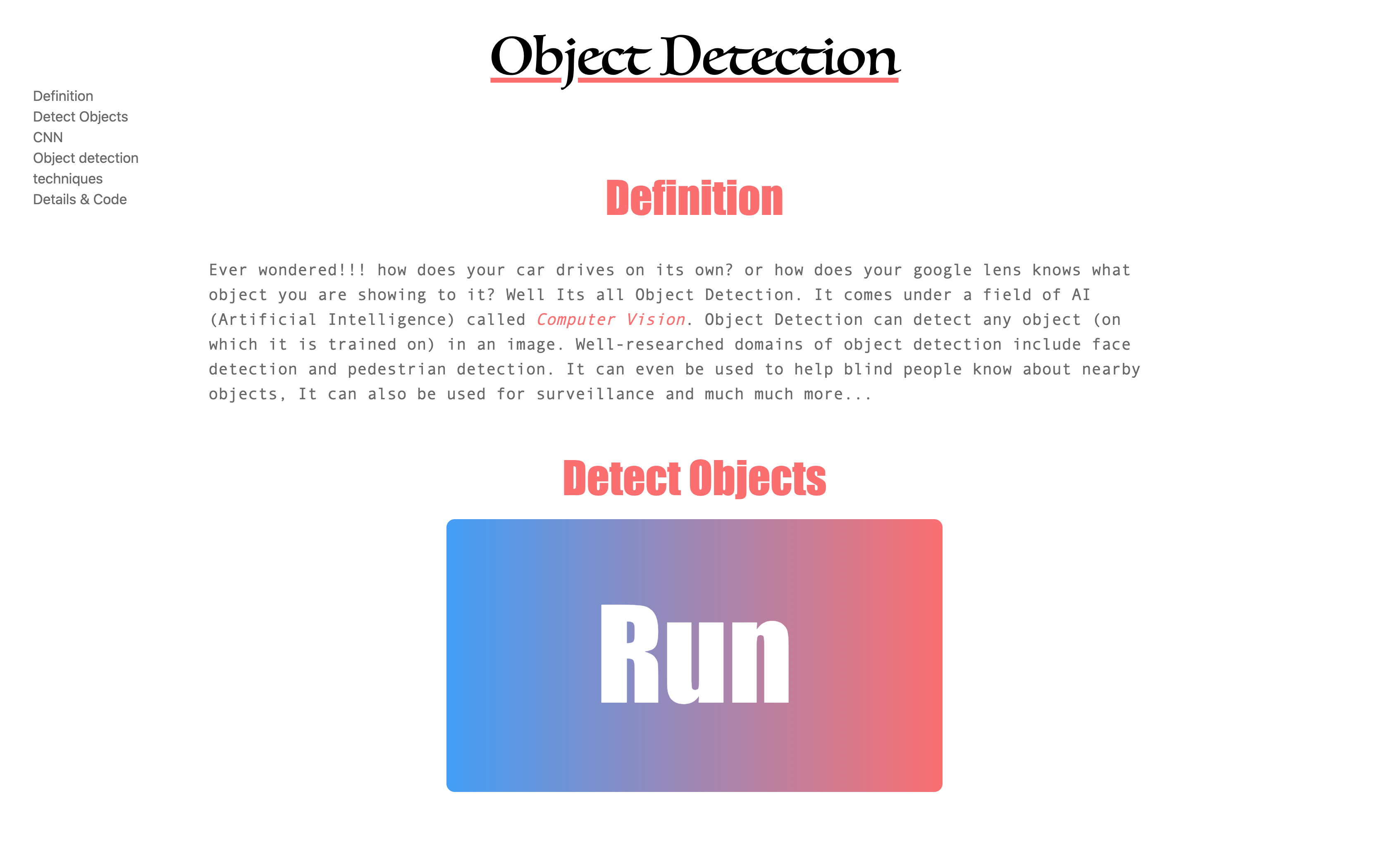 Object Detection page Layout