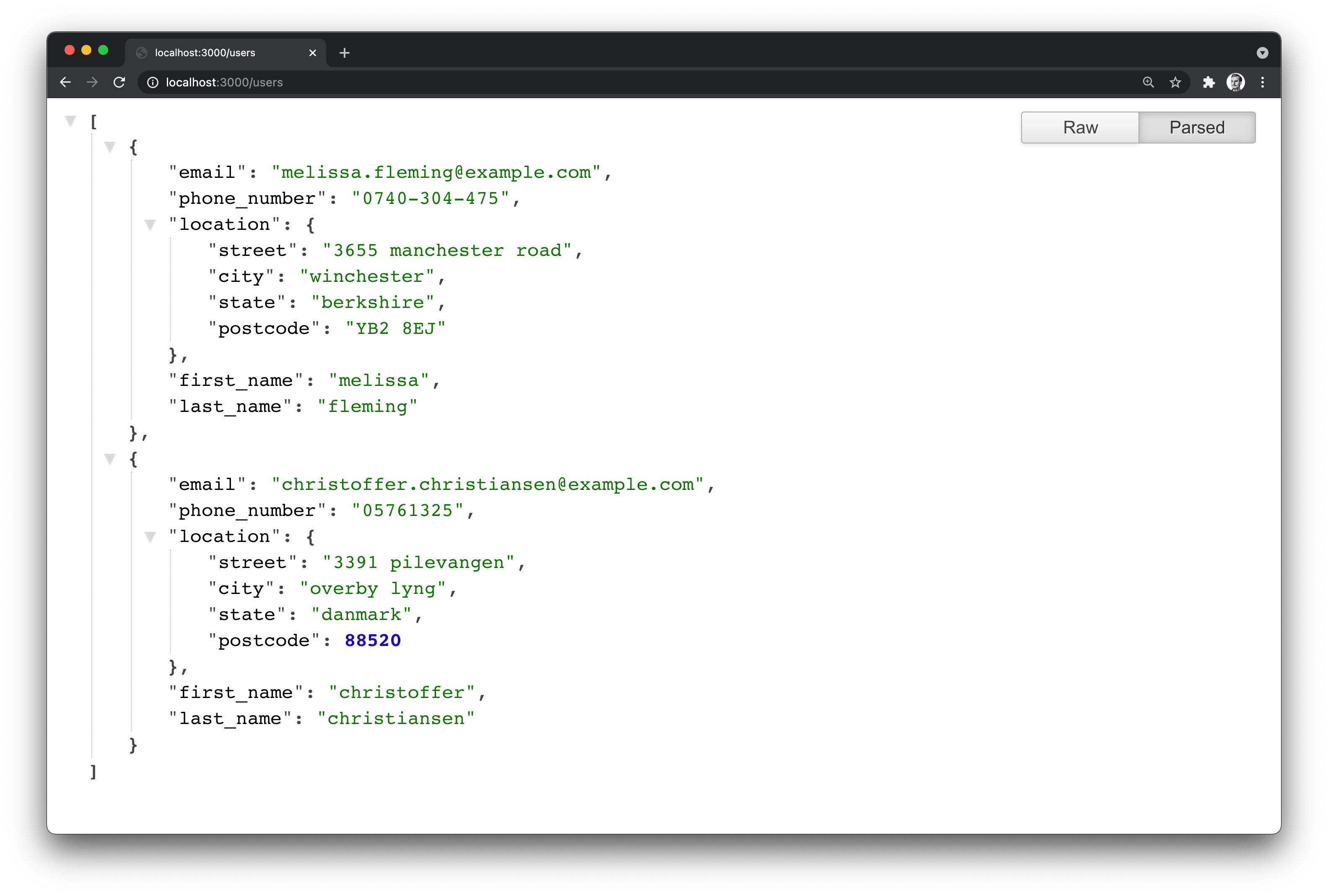 Screenshot of the API