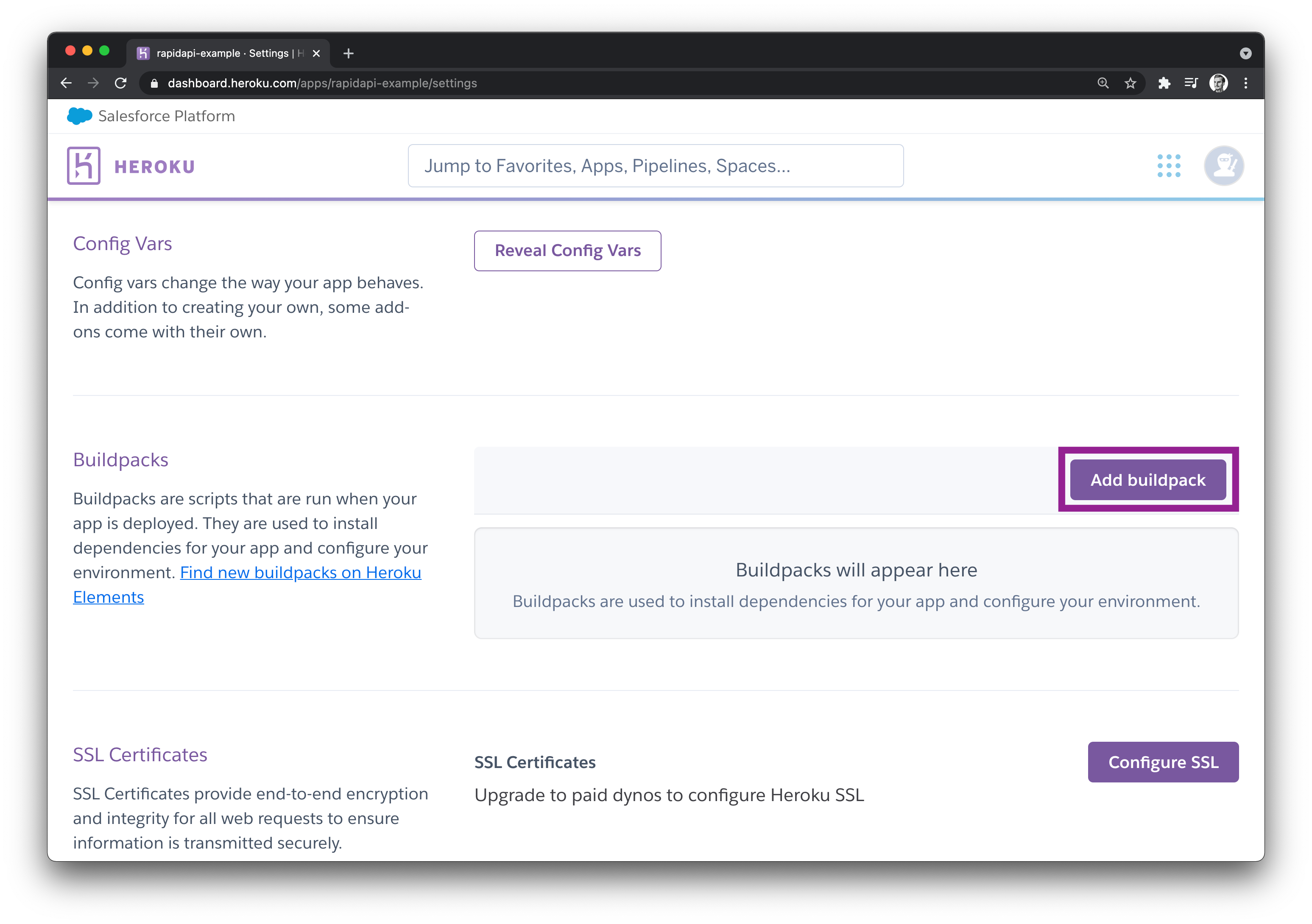 Add buildpack button on Heroku