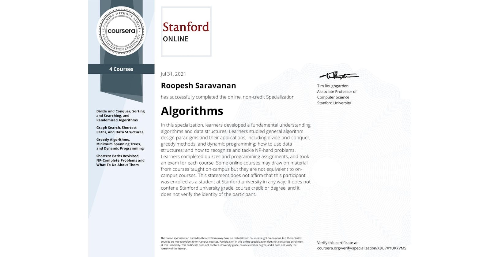 My learnings on Algorithms Specialization by Stanford University on Coursera. Is it worth learning?