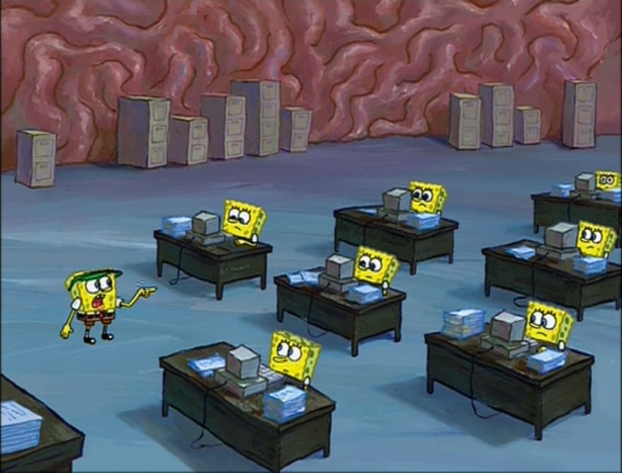 Many Spongebobs sitting at office desks as a metaphor for the mind