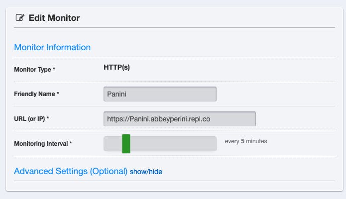 a screenshot of the UptimeRobot Edit Monitor form with monitor type, friendly name, URL (or IP) and monitoring interval settings