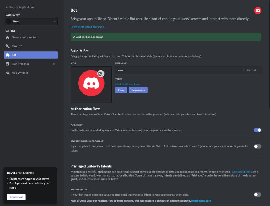 a screenshot of the bot screen in our new application in the Discord developer portal after a new bot is created in the new application. It should have a green banner with "A wild bot has appeared!" and information about the bot