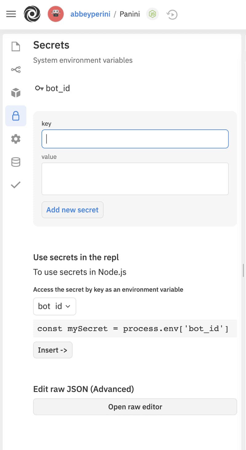 A screenshot of the secrets tab in a repl. It has a form with a box for key and value with an "add new secret" button as well as a button for inserting your secret code directly into your files.