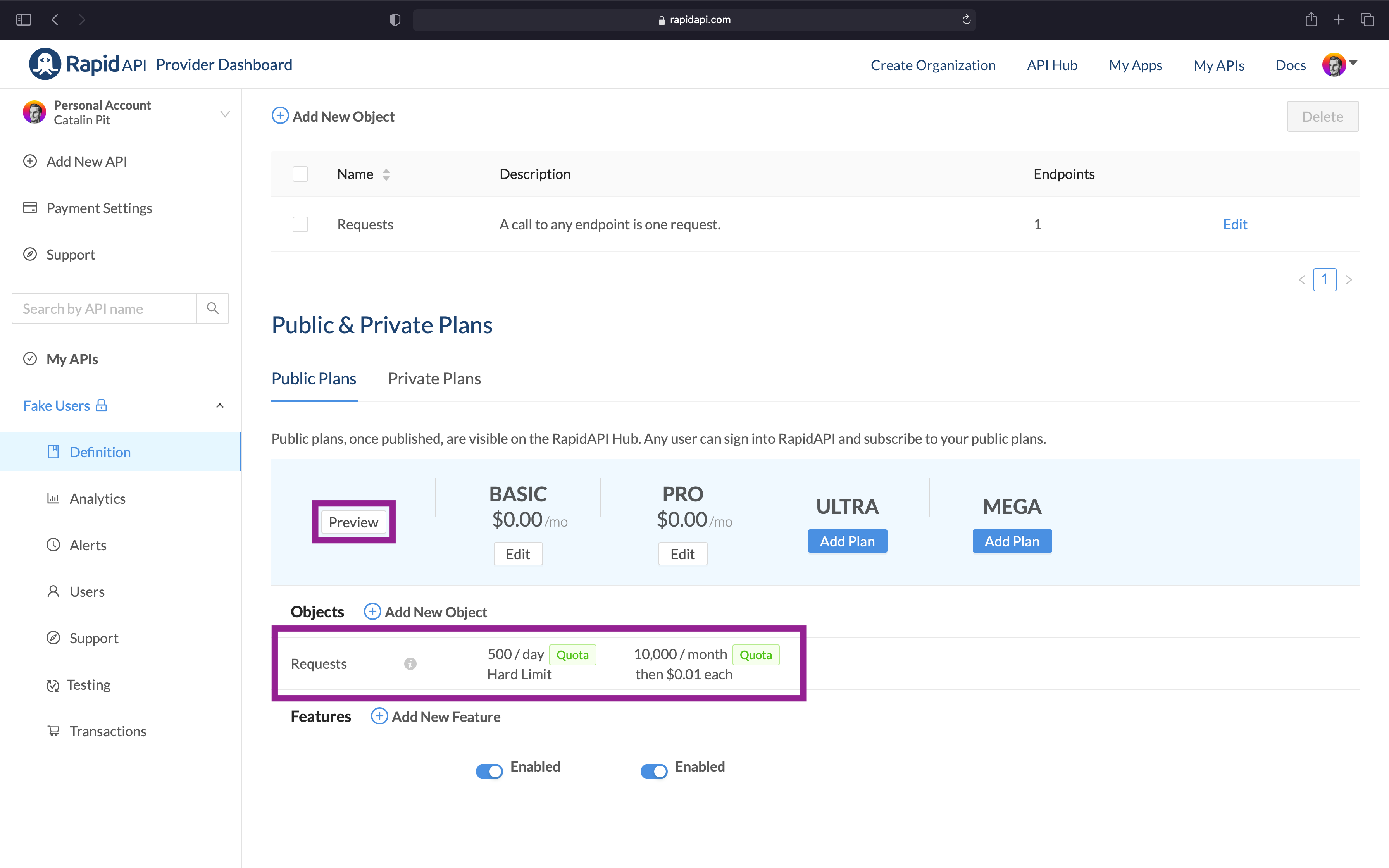 Plans Preview in RapidAPI Dashboard