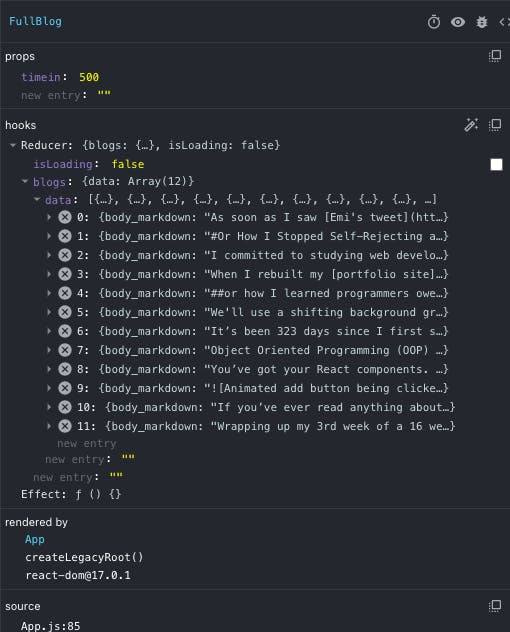 Part of the React Developer Tools pane showing the state structure of my FullBlog component with an array of blog data