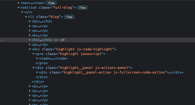 a screenshot of the elements tab in chrome dev tools showing the structure of the code blocks returned by the DEV API