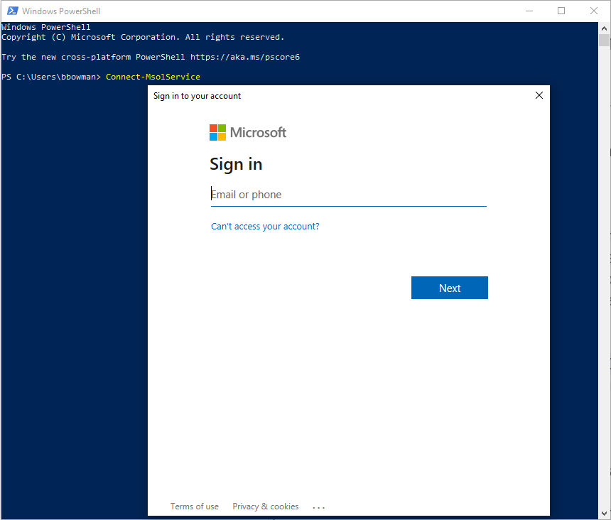 Connect-MsolService and Sign In windows