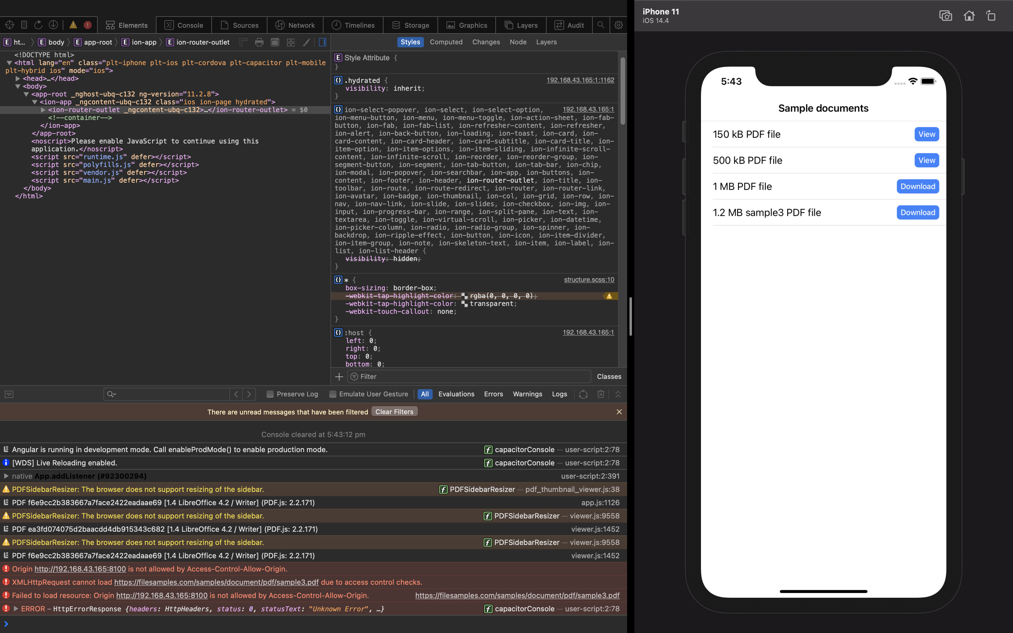 Remote debugging using Safari web inspector running the app on iOS simulator