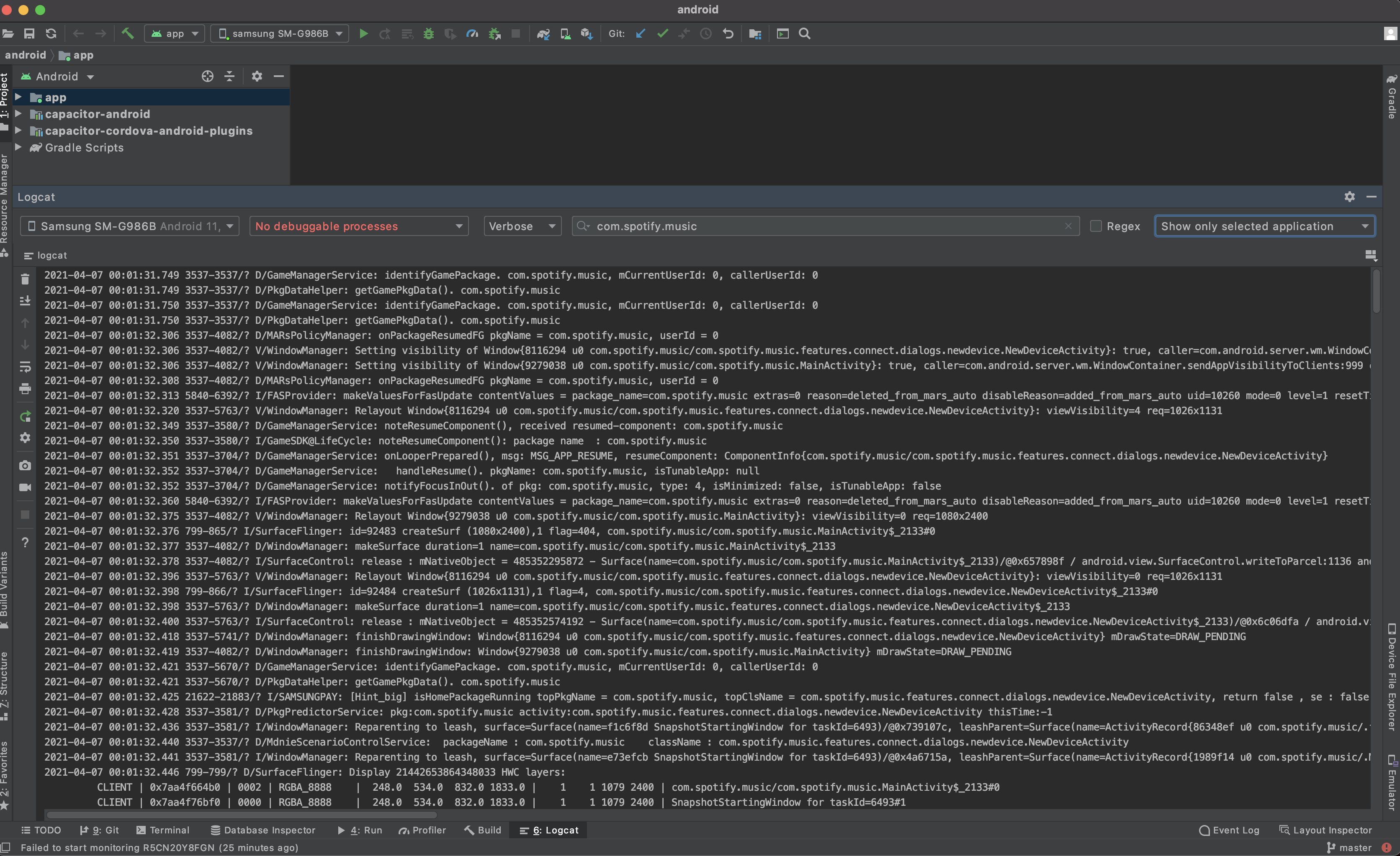 Viewing Android debug logs using adb logcat in Android studio.