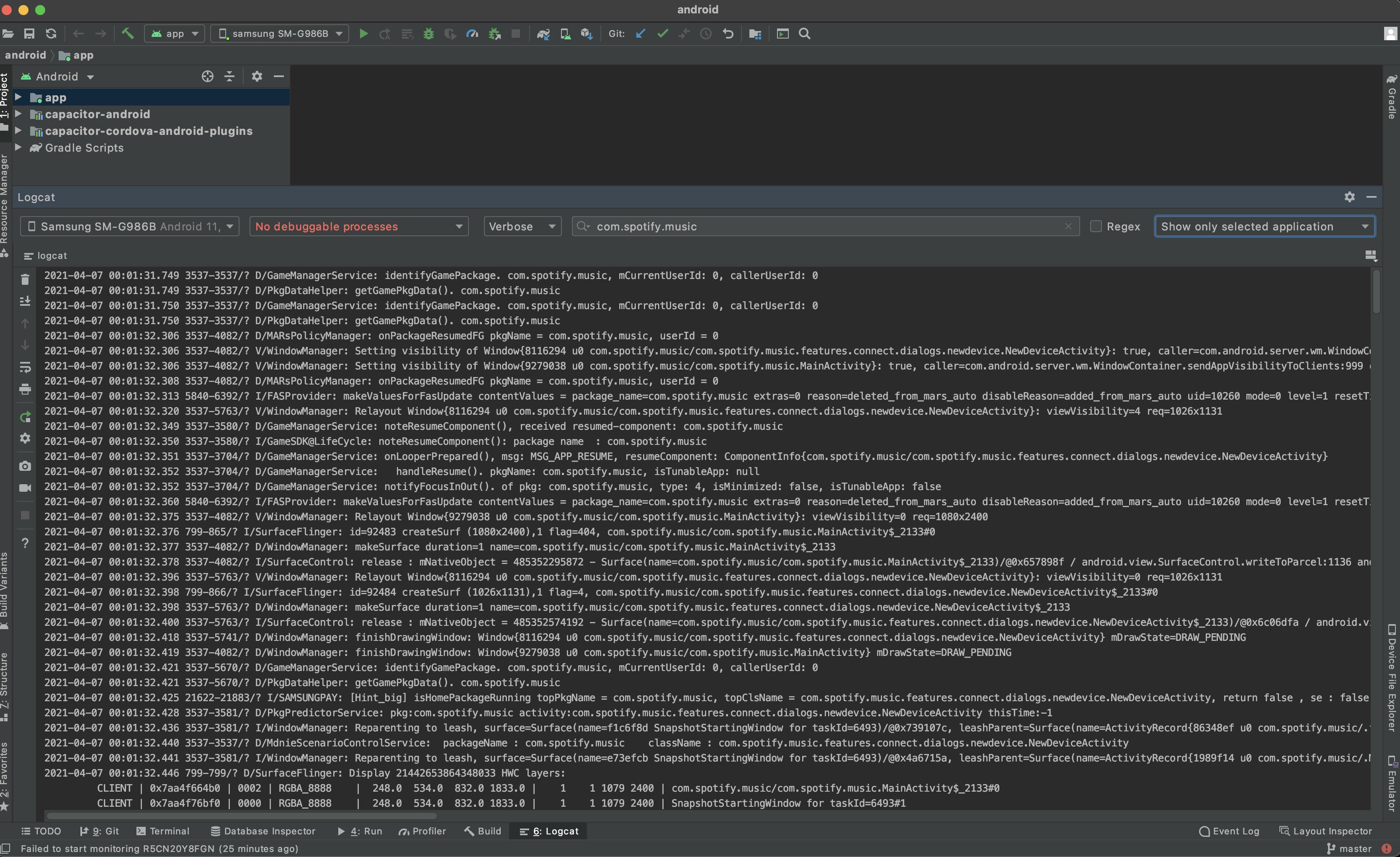 Viewing Android debug logs using adb logcat in Android studio.