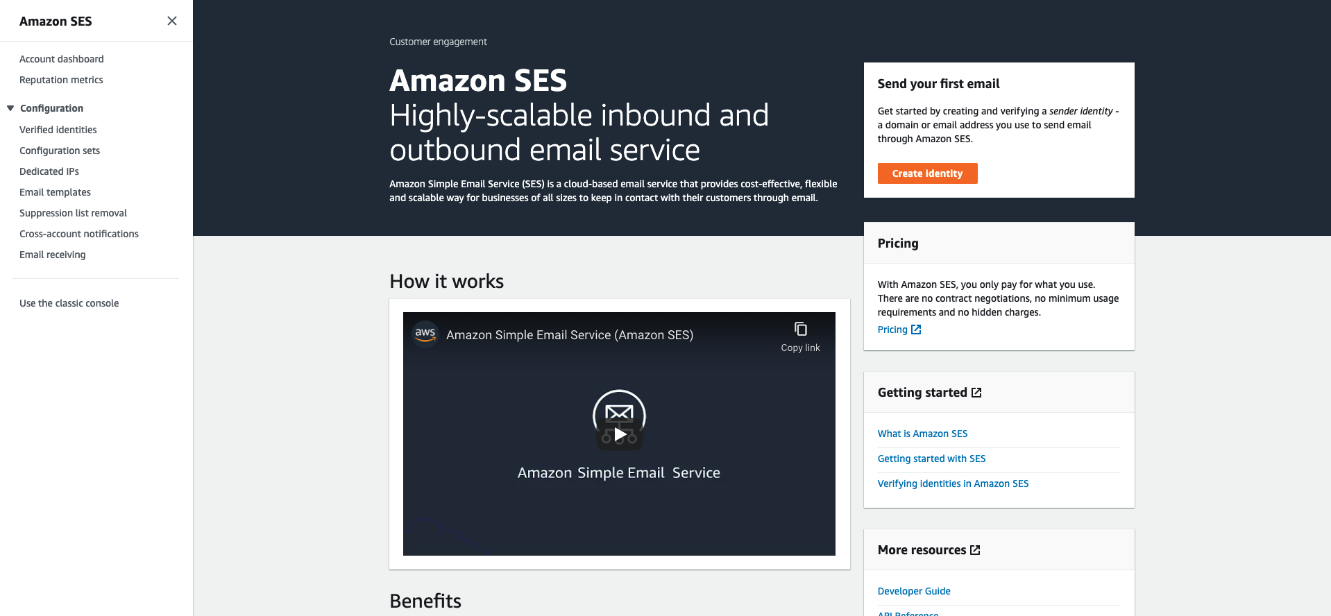 AWS SES Getting Started Page