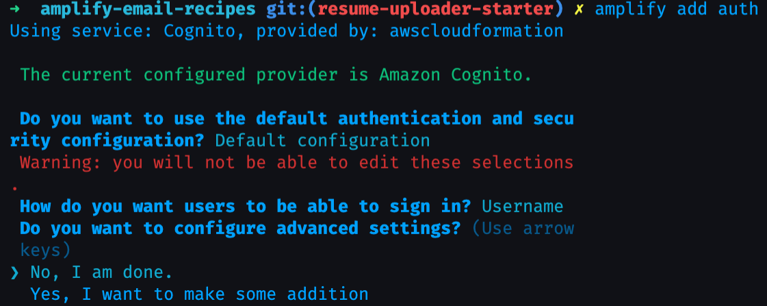 amplify add auth with default configuration