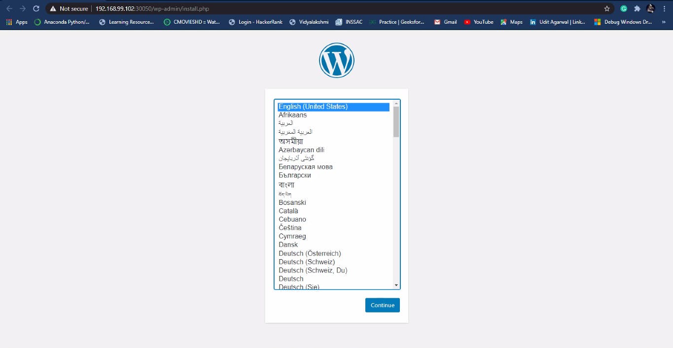 WordPress deployment successfully created and open the configuration page