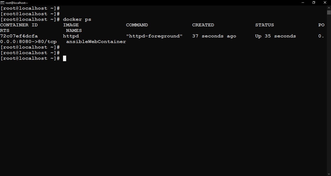 ‘docker ps’ command to see the active docker containers…here we can see this container is launched by Ansible with httpd image and expose to port no. 8080