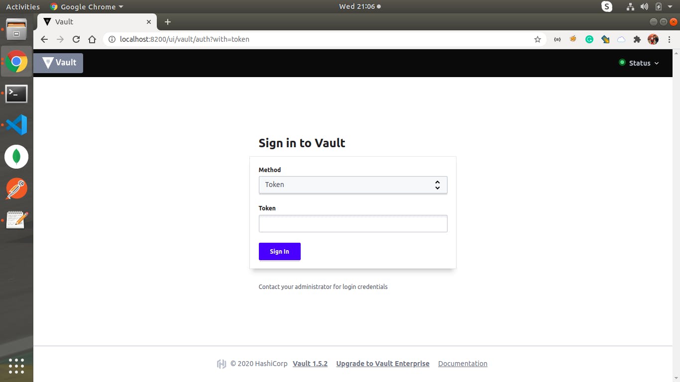 Vault Sign in — Use root token to authenticate