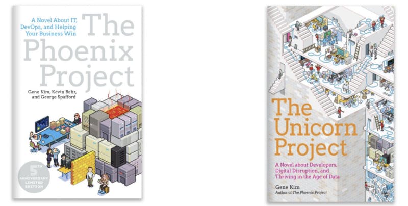Covers of the Phoenix Project and the Unicorn Project books.