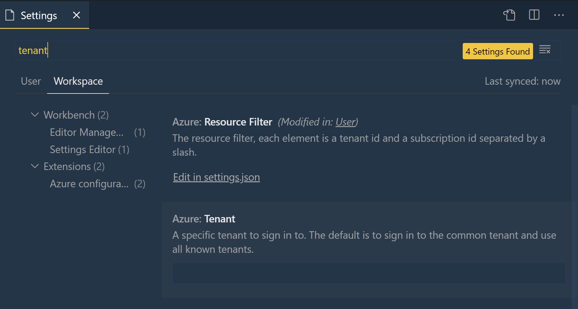 Azure tenant settings in vscode.