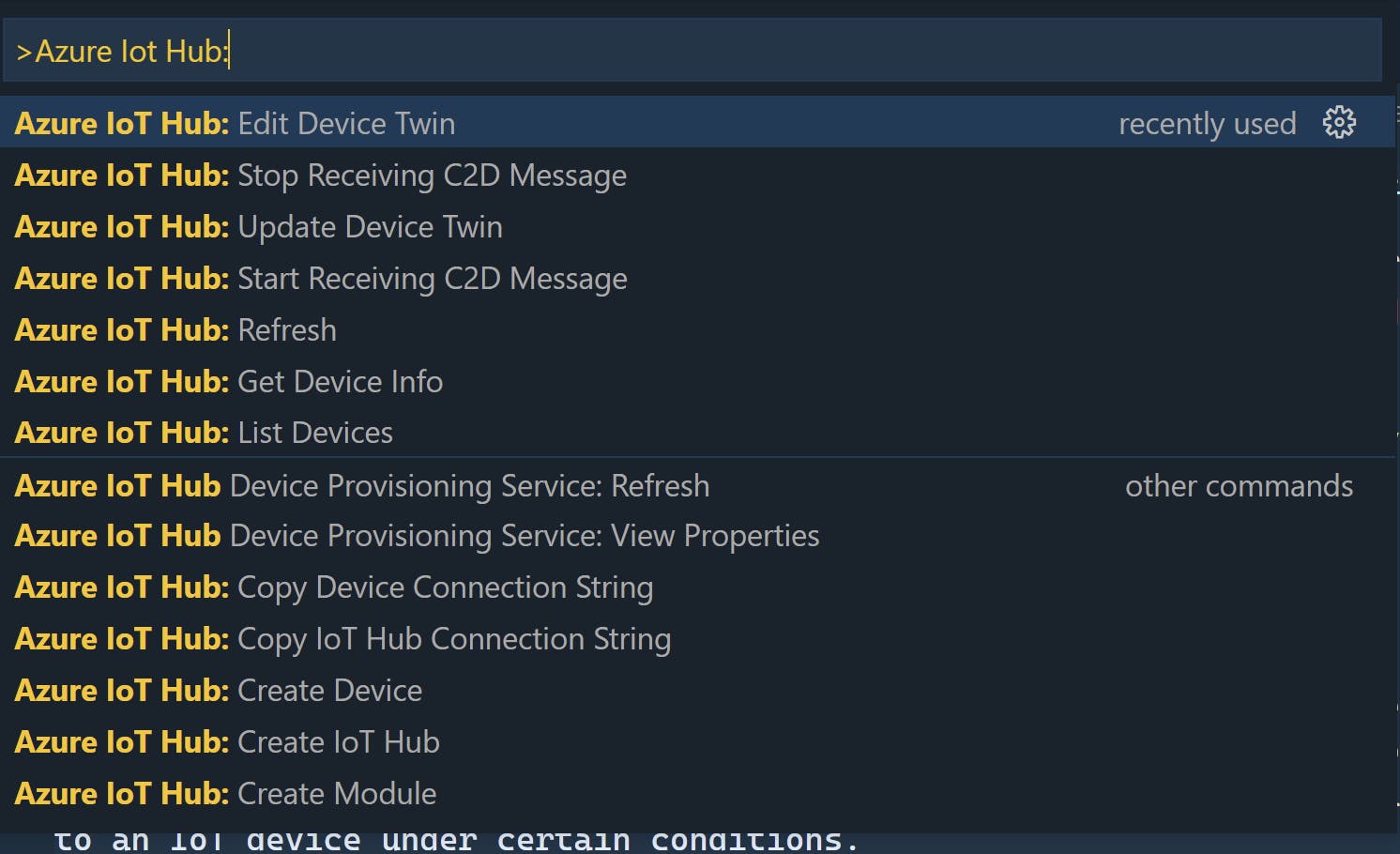 Azure IoT Hub commands in vscode command palette.