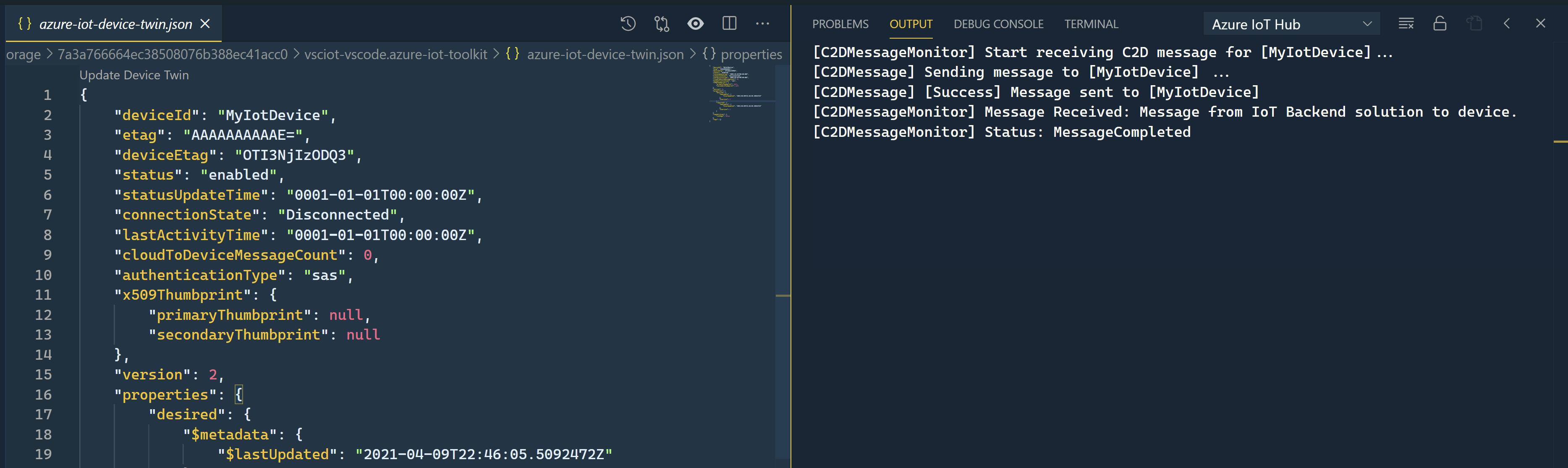 Device twin json in vscode.