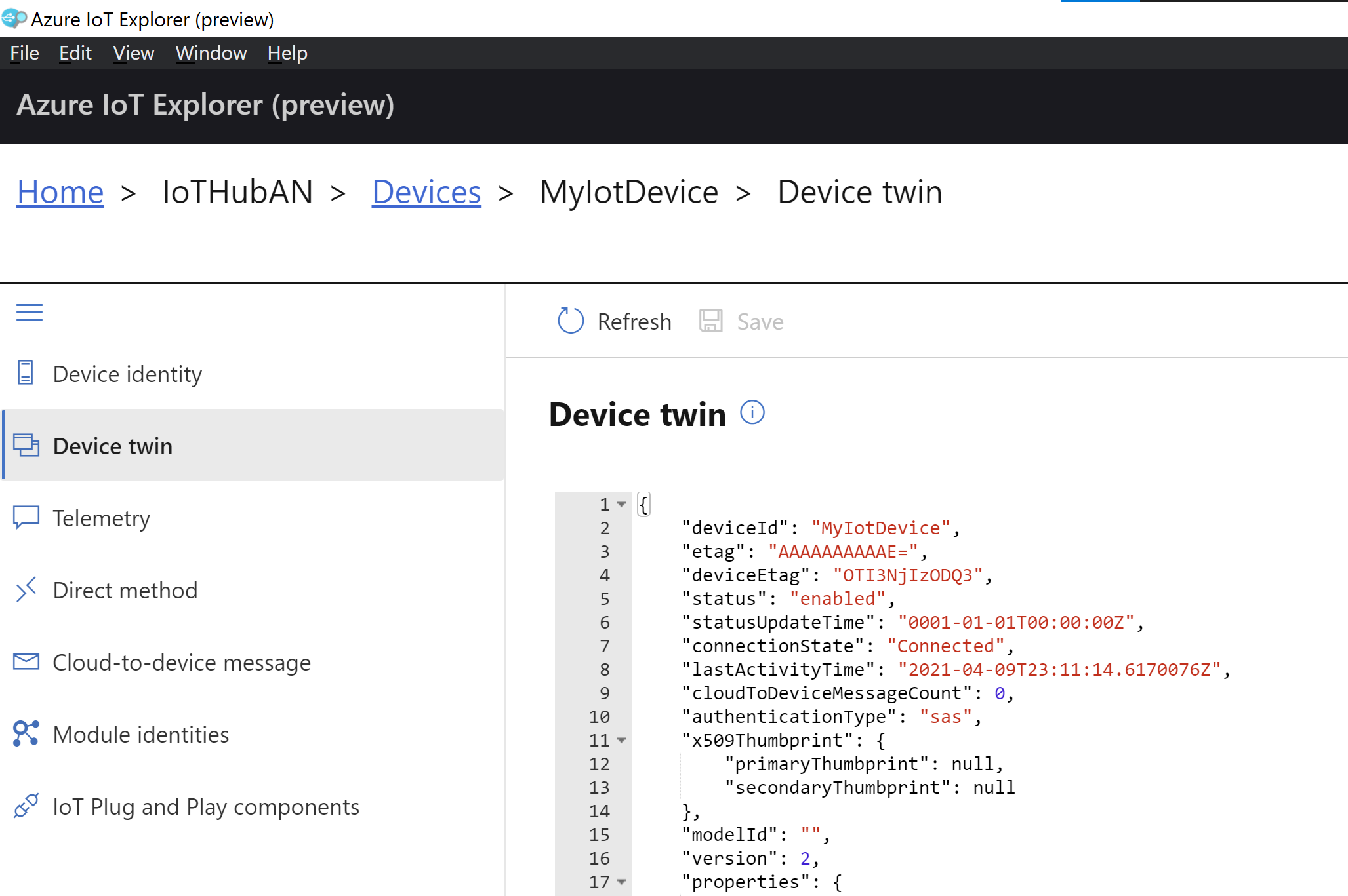 Device twin json in Azure Iot Explorer.
