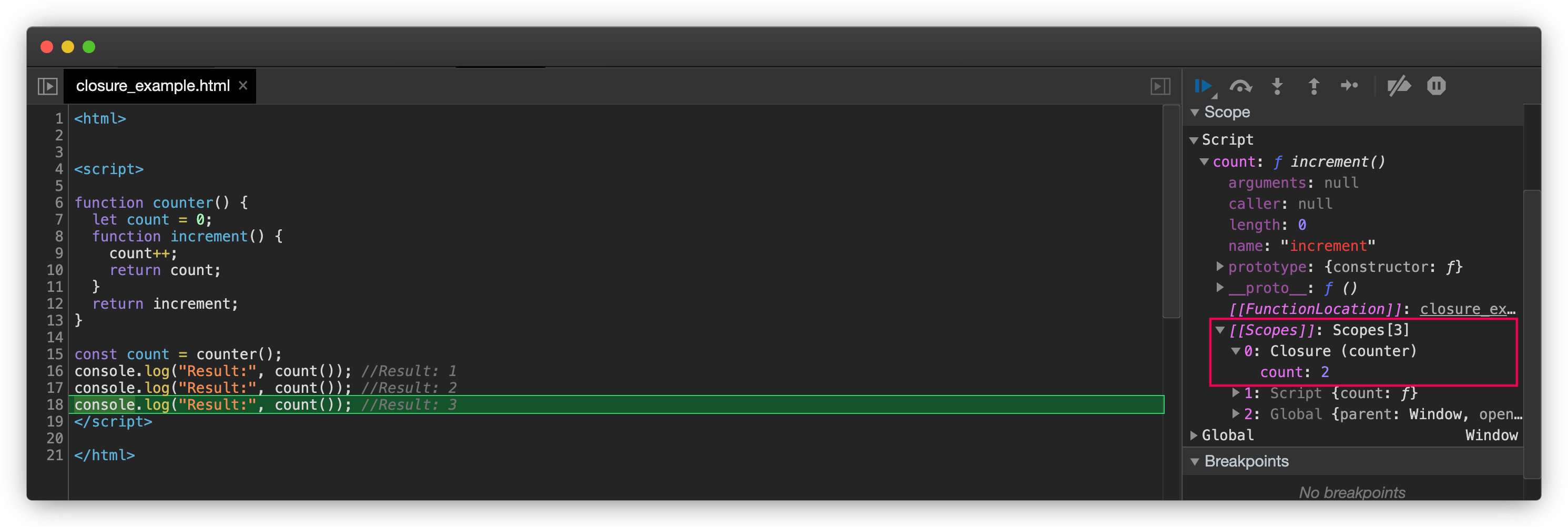 A Chrome DevTools screenshot showing closure value on right side in Source tab