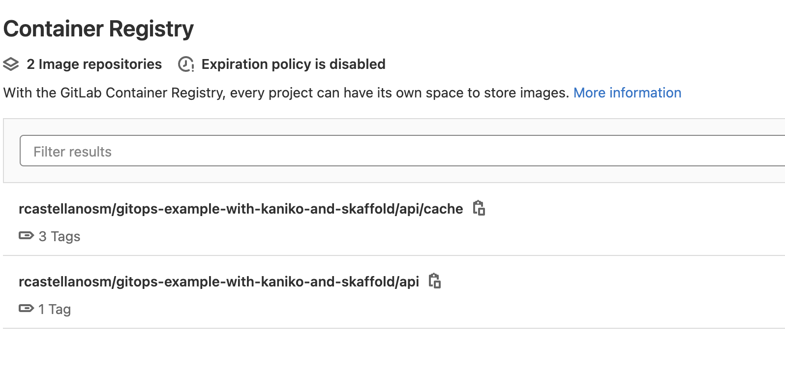 Registry de GitLab con la capa de cache de Kaniko