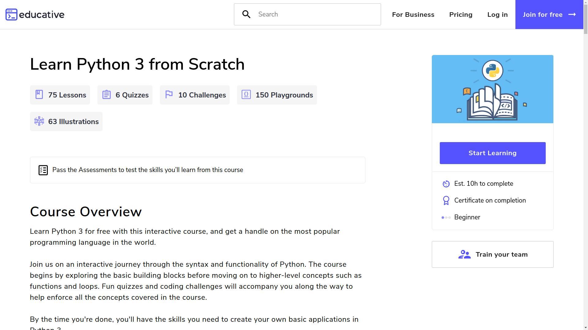 Homepage of Learn Python 3 from Scratch