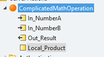 A sample action containing 2 input parameters, 1 output variable and 1 local variable-this time using the prefixes proposed