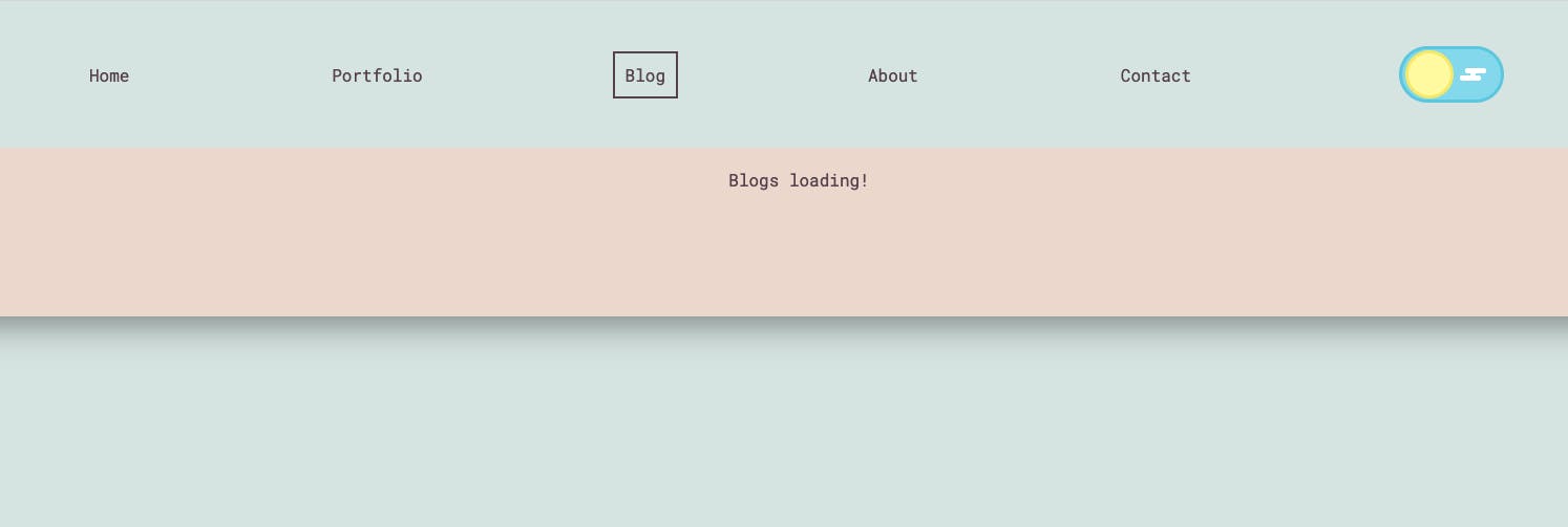 A screenshot of abbeyperini.dev, with a nav bar on a light blue background, the blog button is highlighted by a border, and text on a peach background saying "Blogs loading!"