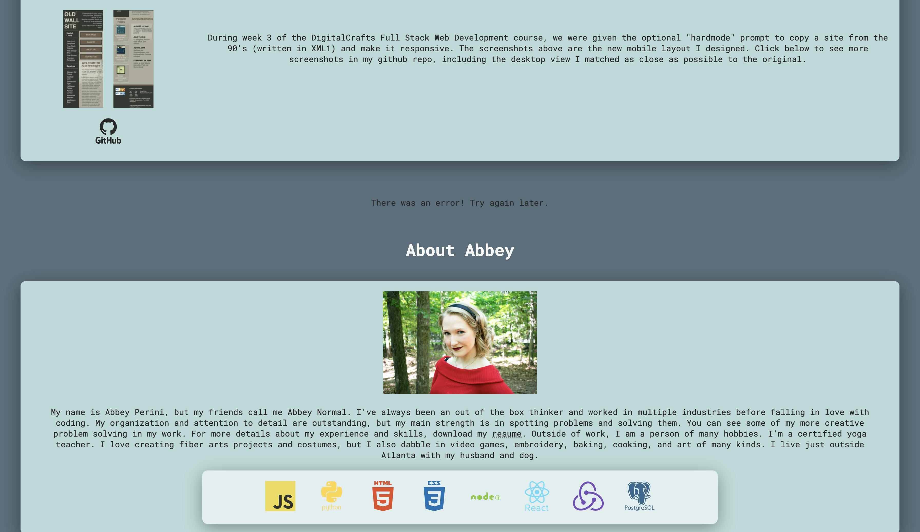 A screenshot of abbeyperini.dev, with an example project on a light blue background, with dark text on a blue grey background saying "There was an error! Try again later." Below, larger white text says "About Abbey", the about section starts on a light blue background, with a picture of Abbey in a red sweater. A bio and logos for programming languages and technologies follow