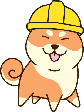 a chibi shiba inu smiling and sticking its tongue out with a yellow construction hat