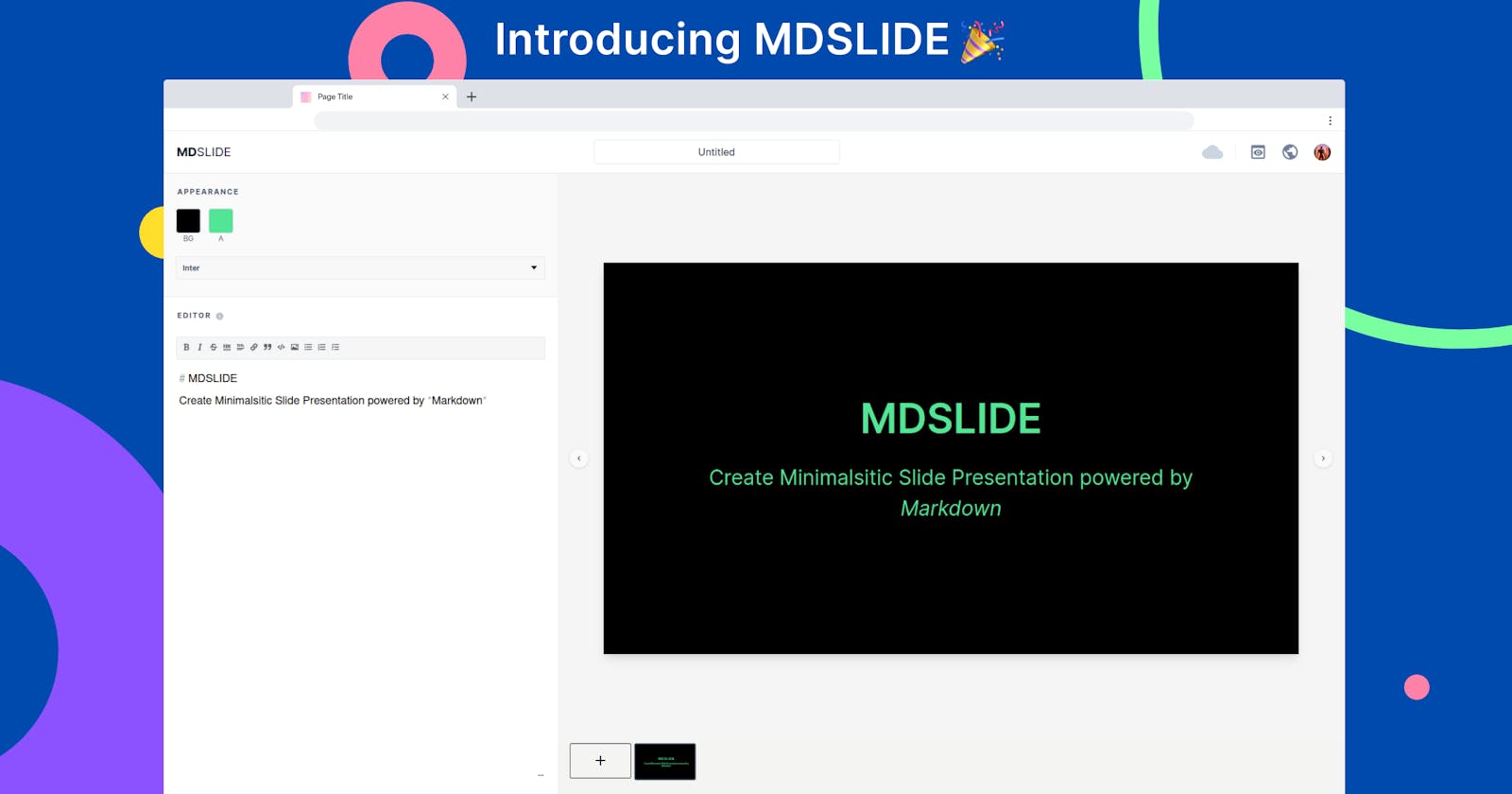 Introducing MDSLIDE - Create Minimalistic Slide Presentations powered by Markdown. 🚀