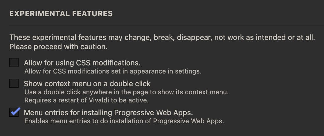 Box labeled "Menu entries for installing Progressive Web Apps." should be checked