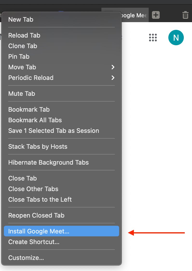 Screenshot of context menu revealed from right clicking a PWA capable tab in Vivaldi