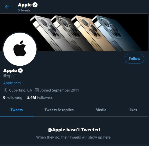 Apple’s empty Twitter account. Photo by author.