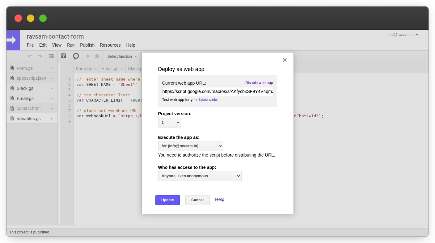 Deploy the Google Apps Script project as a web app