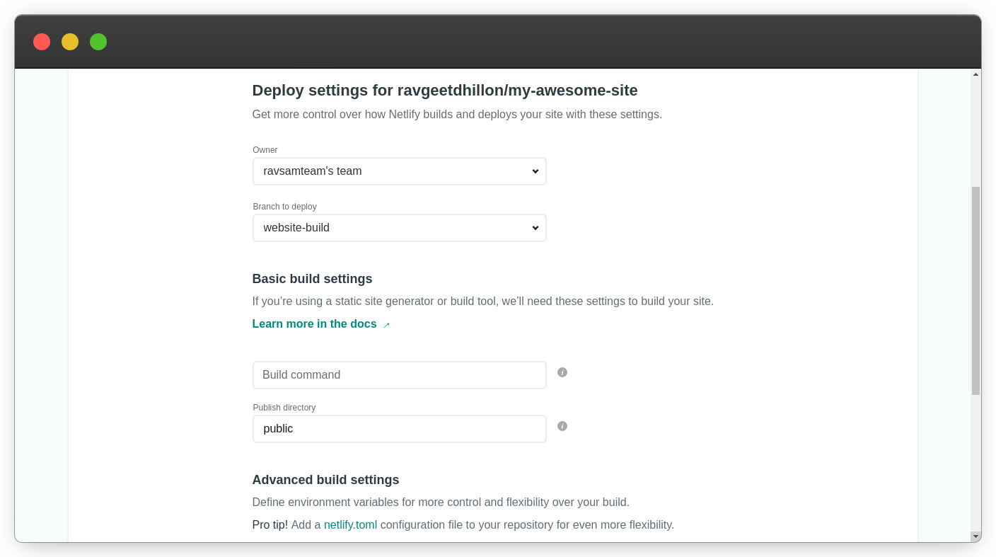 Configure Netlify settings to deploy a website