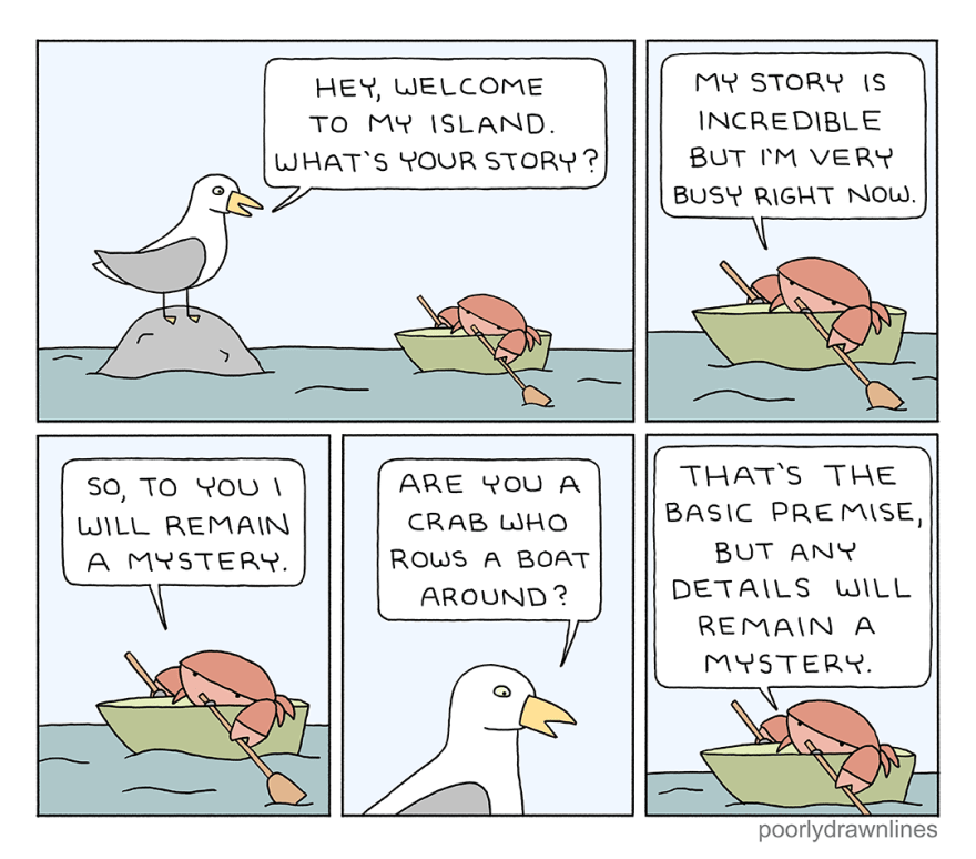 A seagull and crab discuss the crab's mysterious journey in a small row boat, ending with "any details will remain a mystery."